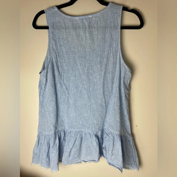 BeachLunchLounge | Blue & White Striped Ruffle Hem Linen Cotton Tank Medium - Picture 6 of 6